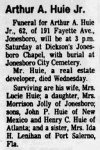 Arthur Allen Huie Jr obituary, The Atlanta Journal (GA) 22 Dec 1978 pg 35