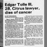 Edgar Earl Tolle III - Dies of Cancer