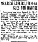Wife of Clarence Bretsch Sues for Divorce