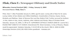 Mrs Clara T Flink Obit, The Milwaukee Journal Sentinel, Milwaukee, Wisconsin, Friday, 9 Jan 2004 Mrs Clara T Flink Obit, The Milwaukee Journal Sentinel, Milwaukee, Wisconsin, Friday, 9 Jan 2004
